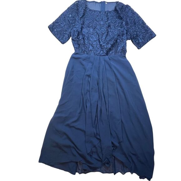 TS Conture Dress S Navy Blue Tea Length Embroidered Lace Bodice Chiffon Skirt - Picture 12 of 14